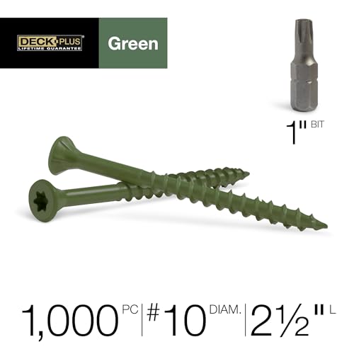 Image of Deck Plus 2-1 /2 Inch Epoxy Coated Exterior Wood and Fence Screws #10 x 2-1 /2 inch Torx /Star Drive Included Coarse Thread, Outdoor Rust Resistant Decking Screw, Green, Keg, 1000 Pieces | 49320