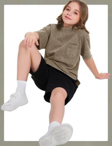 Image of COZYPOIN Unisex Kids Vintage Acid Wash Cotton Tees Crew Neck 3-16Y | 100% Cotton Boys Oversized T Shirt, Crew Neck, Short Sleeve, Front Pocket, Vintage Acid Washed Kids Tees for Boys Girls