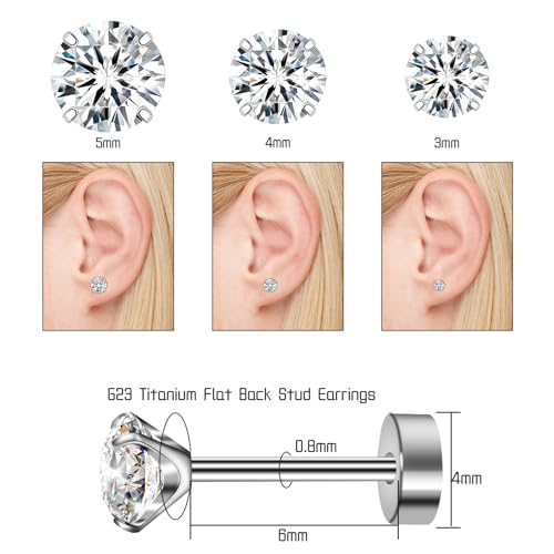 3 Pairs Flat Back Earrings for Women, Titanium CZ Stud Flat Screw Back, Hypoallergenic Cartilage Flatback, Tragus Helix Tragus Conch Piercing(3mm/4mm/5mm Gold/Pink/Silver/Black White CZ)2