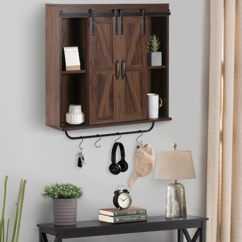Image of RUSTOWN Farmhouse Bathroom Wall Cabinet with Sliding Barn Door & Towel Rack