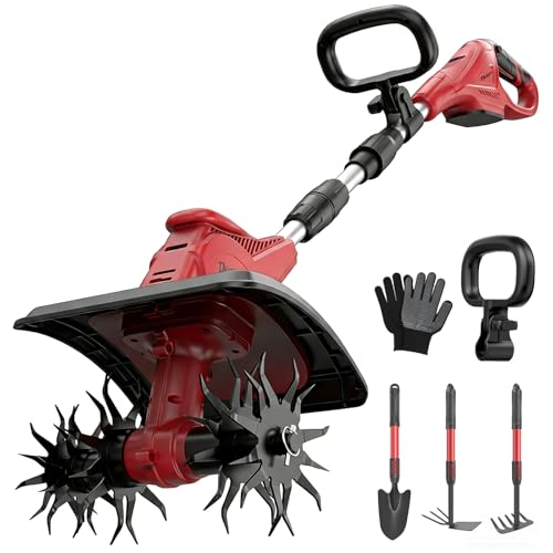 Cordless Tiller Cultivator Compatible with Milwaukee 18V Battery (Tool Only) 310RPM Electric Rototiller Garden Tools with 40 Steel Tines 9.1In Tilling Width & 6.3In Depth Folding Design
