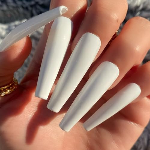 AddFavor XXXL Extra Long Press on Nails Coffin Glossy White Fake Nails Full Cover Acrylic  Nails 12 Sizes 120pcs Nail Tips for Women Fingernails Manicure Design