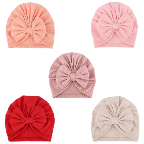 Image of DRESHOW BQUBO 5 Pieces Newborn Baby Turban Hats Bow Baby Infant Beanie Breathable Toddler Cap for Baby Girls