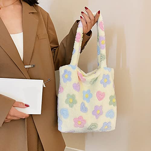 Jqwsve Plush Shoulder Bag Y2K Fluffy Underarm Bag Women Fluffy Tote Bag Flower Plush Bag Autumn Winter Fuzzy Faux Fur Handbag #TOP4
