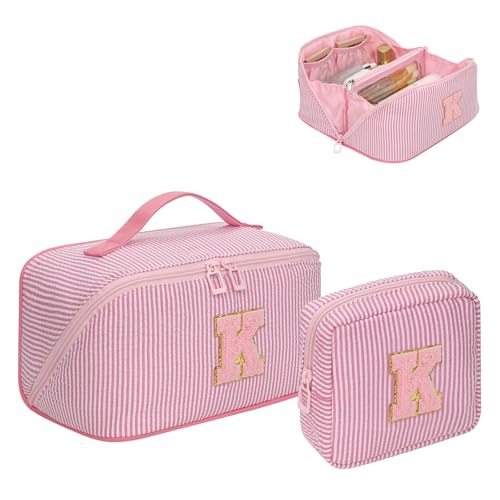 Travel Makeup Bag for Women, 2Pcs Portable Personalized Initial Makeup Organizer Bag, Open Flat Large Cosmetic Bag With Travel Essential Pouch (Pink Letter K)
