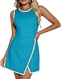 SEAUR Tennis Spielerinin Damen Tenniskleid Ärmellos A-Form Eingebaute Shorts Seitentaschen Sportkleid Skort Kleid Einteiliges Outfit Freizeitspiele Übungsstunden Recreational Matches Blau XL