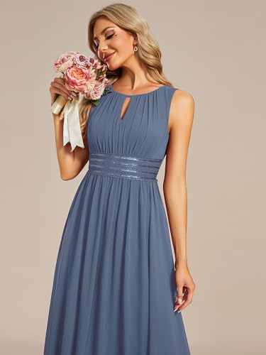Image of Ever-Pretty Women's Chiffon Sleeveles Summer Formal Wedding Guest Dresses Ruched A Line Hollow Out Crew Neck Bridesmaid Dress