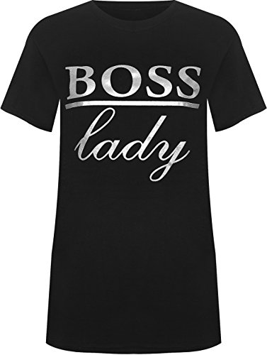 Image of WearAll Women's Plus Boss Lady Slogan Foil Print Short Sleeve T-Shirt New Ladies Top - Black - 14