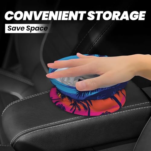 Image of Car Garbage Bag Blue Palm Trees at Sunset Mini Car Trash Bin Portable Collapsible Waterproof Rubbish Bag for Car Accessories Back Front Seat Cup Holder