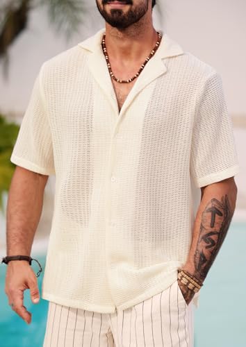 Men Summer Beach Shirts Stylish Hollow Out Button Down Shirt Casual Cuban Top (S-XXL)2