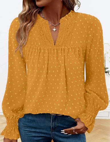 BETTE BOUTIK Women Boho Long Sleeve Shirts Dressy Casual V Neck Fall Fashion Tops Swiss Dot Flowy Blouses