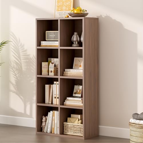 Image of OSCHF 8-Cube Storage Shelf Bookcase - Wooden 4-Tier Floor Standing Open Bookshelf for Home and Office, Cuby Orgainzer, Walnut