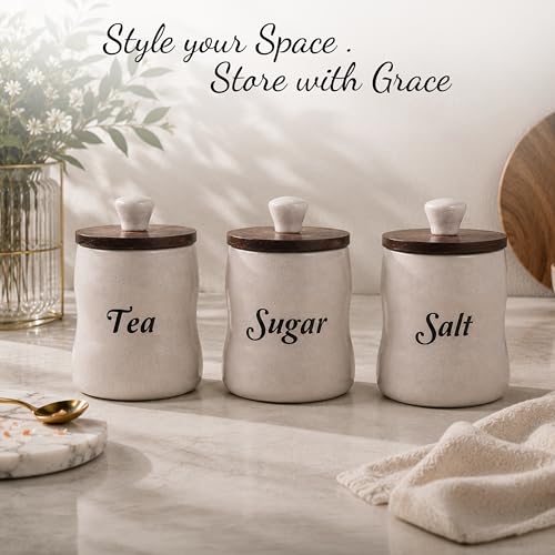 Image of Ceramic Tea Sugar Salt Containers Set of 3 with Wooden Lids | Jar and Container for Kitchen Storage Set | Multi Utility Air Tight Kitchen Organizer Items (Hand-Painted, 330 ML)