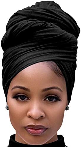 Harewom Black Hair Wrap for Women Long Stretch Jersey Head Scarf Summer Breathable Lightweight Turban Solid Color