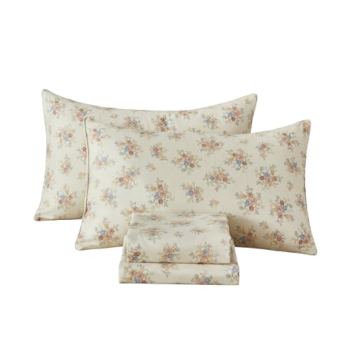 Image of FADFAY California King Sheet Set - 4 Piece Floral Cooling Sheets, Soft and Breathable Cotton Double Gauze Sheets (Cream)