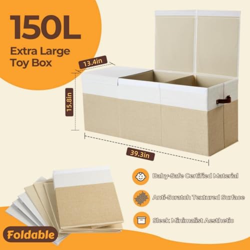 صندوق تخزين العاب كبير سعة 150 لتر من روني، صندوق تخزين قابل للطي مع غطاء، صندوق العاب للاطفال مكون من 3 اقسام قابلة للتعديل، منظم العاب ملابس للاطفال لغرفة اللعب والحضانة وغرفة النوم وغرفة المعيشة