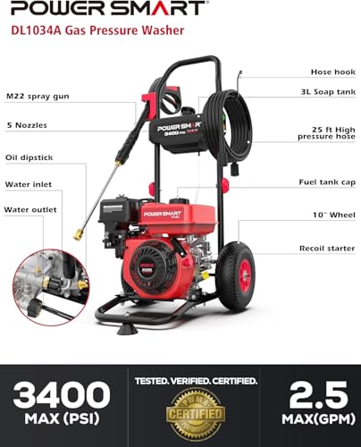 PowerSmart Gas Pressure Washer 3400 PSI, 2.5 GPM Gas Powered Pressure Washer, 212CC Engine, 10" Wheels, 5 Nozzles for Patio, Car, Driveway, Fence & Home Cleaning thumbnail 3