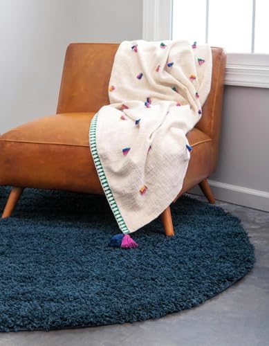 Image of Shaggy Round Area Rug - Soft Plush Circle Solid Color Carpet for Living Room, Bedroom, Kids Room - Fluffy Fuzzy Floor Mat for Home Decor (Blue, 3x3 feet, Round)