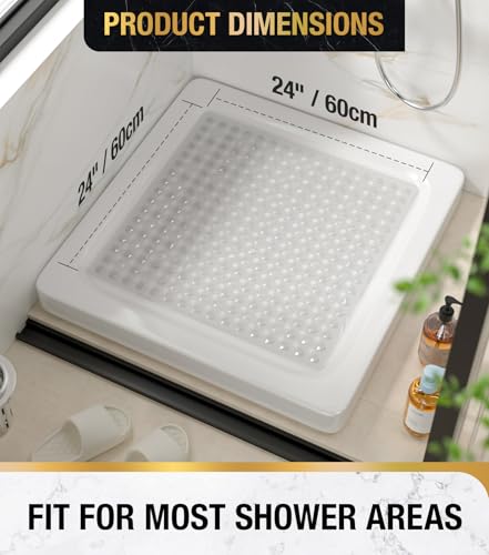 Image of HITSLAM Shower Mat Anti Slip, Square Bath Mat for Tub Non Slip with Suction Cups and Drain Holes, 24x24 Inch Bathroom Shower Stall Floor Mat, Machine Washable, Soft on Feet, Clear