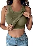 BUNSLOOM Camiseta de tirantes para mujer con sujetador incorporado, sin mangas, estilo Racerback, ajustada, casual, Verde militar., L