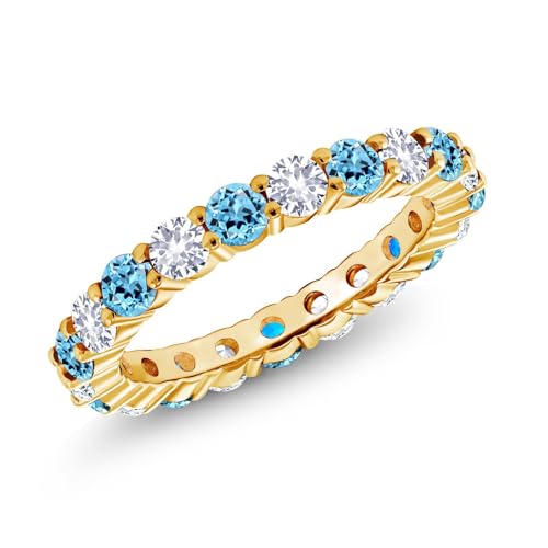Gem Stone King 1.50 Cttw Round Swiss Blue Topaz and White Created Sapphire 18K Yellow Gold Plated Silver Eternity Band Alternate Ring | Round 3MM | Available In Size 5, 6, 7, 8, 9
