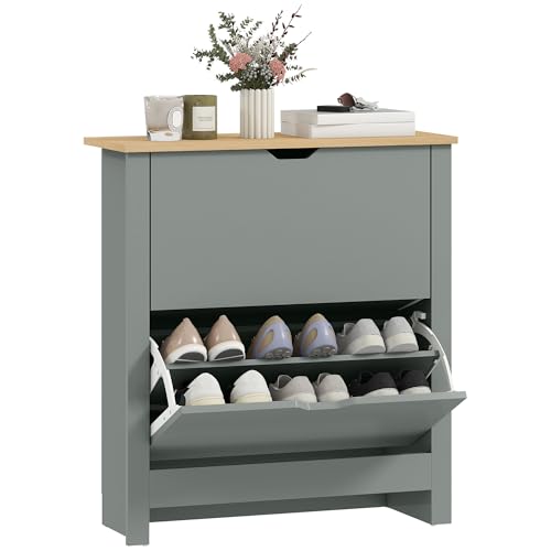 HOMCOM Meuble à Chaussures 12 Paires, Armoire à Chaussures étroite avec 2 tiroirs rabattables et étagères réglables, Style Moderne, pour Couloir, entrée, 72 x 26 x 80 cm, Gris Clair et Bois Naturel