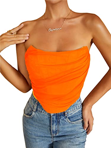 Moalluom Mesh Corset Crop Top Bustier Underbust Boned Backless Sleeveless Strapless Off Shoulder Aesthetic Bodyshaper For Women Y2K (Orange, 2) #TOP4