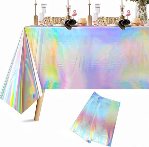 2 Pack Iridescence Plastic Tablecloths Disposable Laser Tablecloth Holographic Foil Rectangle Table Covers Birthday Disco Bachelorette Bridal Wedding Rainbow Iridescent Party Decorations 54" x 108"