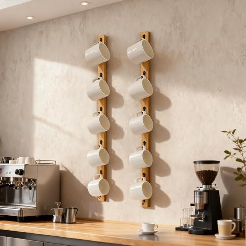 Yohsnor Wall Mounted Coffee Cup Holder Set of 2 – Stylish Mug Rack Hooks for Space Saving Display, Ideal for Organizing Kitchen, Office, Coffee Bar, & Home Décor. Perfect Cup Storage Solution!