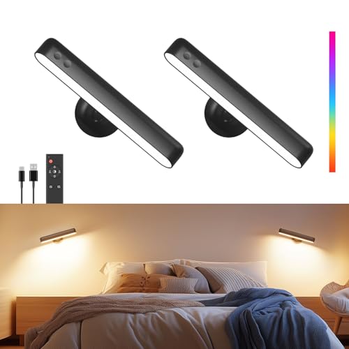 Rechargeable LED Wall Sconces for Bedroom,Wall Lights with Remote Control and Touch,360° Rotation,3 Colors Temperatures Dimmable Black Wall Lamps for Living Room with 15 RGB Colors,2 Pack