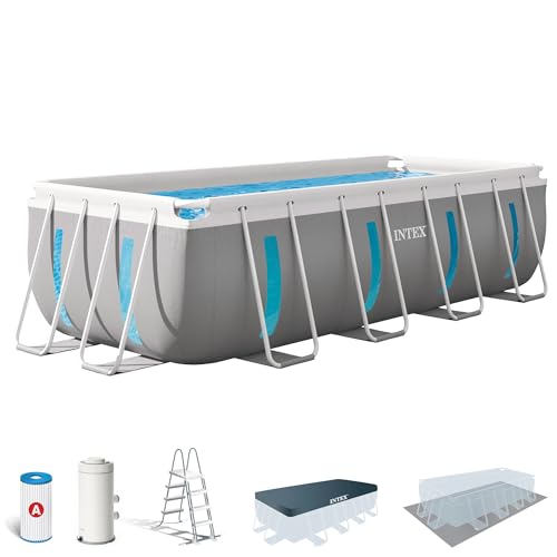 Intex Piscina Desmontable Rectangular Prism Frame, 400x200x122 cm, Material Triple Capa, Capacidad 8.418 L, Ventana panorámica, Tapiz, Cobertor, Depuradora de Cartucho, Escalera (56029)