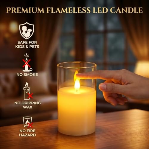 Image of LTETTES Real Wax LED Glass Pillar Flameless Rechargeable Candles | Transparent Glass | USB Type-C Charging Cable | Remote Control Included | Home Decor & Gifting | Set of 3 (H-4 inch,5 inch,6 inch x D-3 inch)