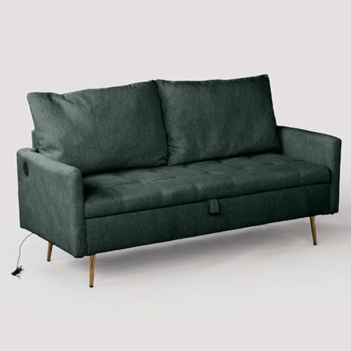 MEUBLE COSY Sofá de 2 Plazas Couch Tapizado en Terciopelo con Puertos USB y Espacio de Almacenamiento para Sala de Estar, Apartamento, Marco de Madera Maciza, Patas de Metal, Verde