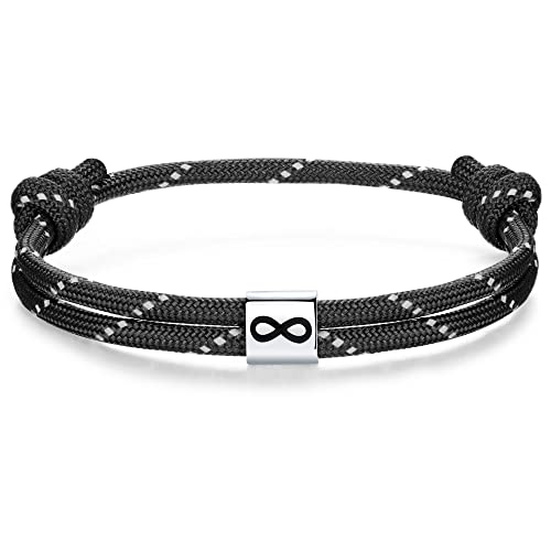 J.Endéar Unendlichkeitszeichen Damen Herren Armband | Handgefertigtes Nautical Paracord Silber 925 Unendliches Glücksschutzarmband | Paar Partner Surfer Armband Geschenk, Schwarz