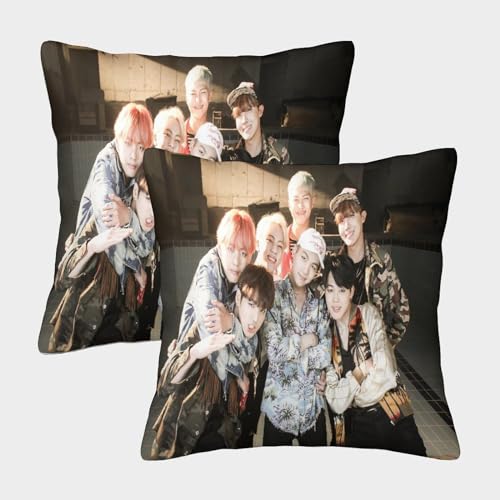 BTS Pillow Case 40x40cm Pack of 2,Throw Pillow Case,Modern Decoration Korean Boy Group Pattern Outdoor Cushion Cover for Terrace Sofa Bedroom Indoor Party