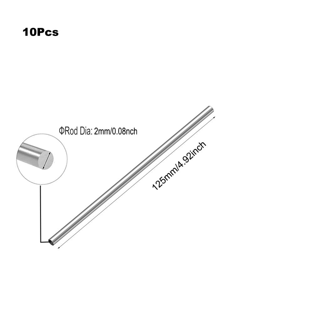 10Pcs 304 Stainless Steel Round Rod, 2mm Diameter Length 125mm Metal Solid Shaft Rods for Industry, Metal Working Hobbies and DIY Craft