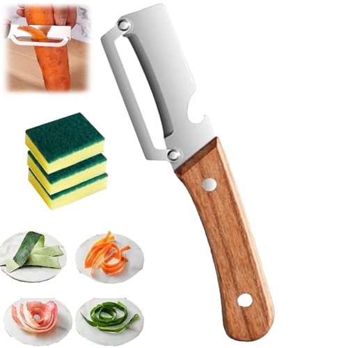 Multi-Functional Vegetable Peeler for Kitchen, Thickened Wooden Handle Fruit Peeler with Bottle Opener, Premium-Grade Fruit Vegetable Peeler Sharp Stainless Steel Blade Kitchen Tool (1PC)
