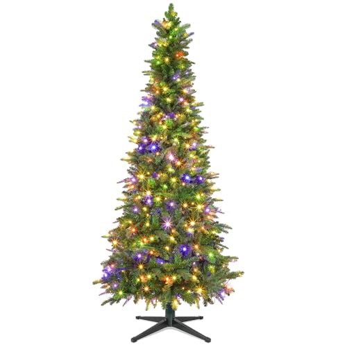 MATAMEYE 7.5FT Pre-Lit Remote Control Pencil Christmas Tree with Rotating Stand, Slim Artificial Xmas Tree Musical with 370 Multi-Color LED Lights, 1142 Branch Tips