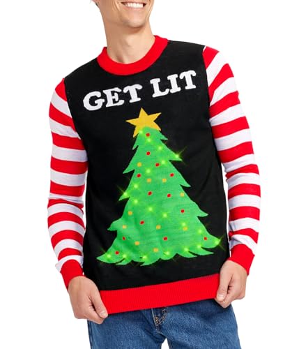 Tipsy Elves Men's Light Up Christmas Sweater - Black Lit Funny Ugly Christmas Sweater Size Large