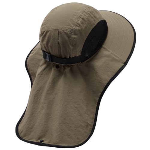 Image of BASSDASH UPF 50+ Unisex Water Resistant Wide Brim Sun Hat with Large Neck Flap Ponytail Fishing Hat for Men Women
