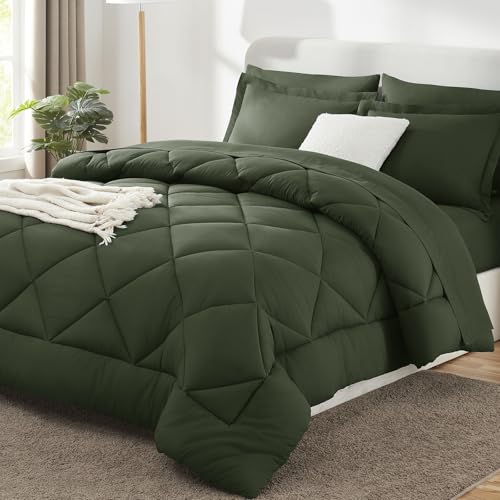 Image of CozyLux Full Size Comforter Sets Dark Green - 7 Pieces Bed in a Bag Full, Luxury Soft Bed Set for All Seasons, Bedding Set with Down Alternative Comforter, Sheets, Pillowcases & Shams