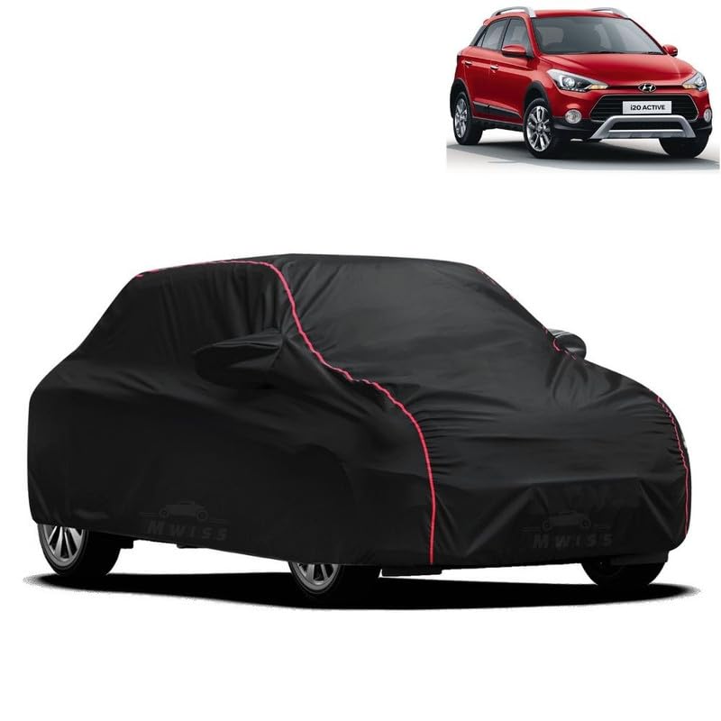 Image of Waterproof Car Cover for Hyundai i20 Active | All-Weather Protection, Dustproof & UV Resistant | Triple Stitched Mirror Pockets, Windproof Buckle Strap with Elastic Hem, Black-Red Piping