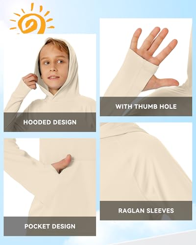 Image of Boys Rash Guard Long Sleeve Hoodie Swim Shirt with Pocket Youth Kids UPF 50+ Sun Protection Fishing Shirts Thumb Hole
