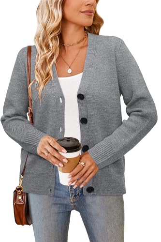 Newshows Strickjacke Damen Kurz Grau Grobstrick Cardigan Herbst Winter Warm Dicke Strickmantel mit Knöpfen