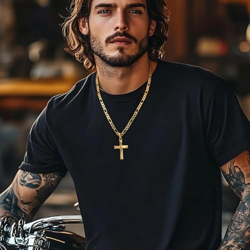 Cross Necklace 14K Gold Cross Necklace for Men Gold Crosses Chain for Men Irregular Cutting Lines with Figaro Chain Mens Crosses Pendant 20/22/24in3