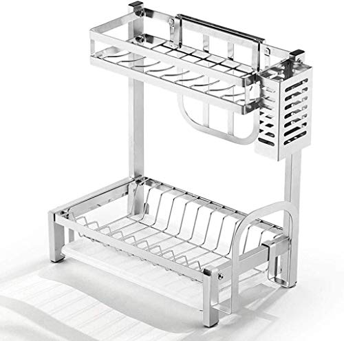 XLDZ Escurridor de platos de acero inoxidable con soporte para cubiertos, diseño de doble capa, soporte grande para utensilios de cocina, tapete escurridor incluido