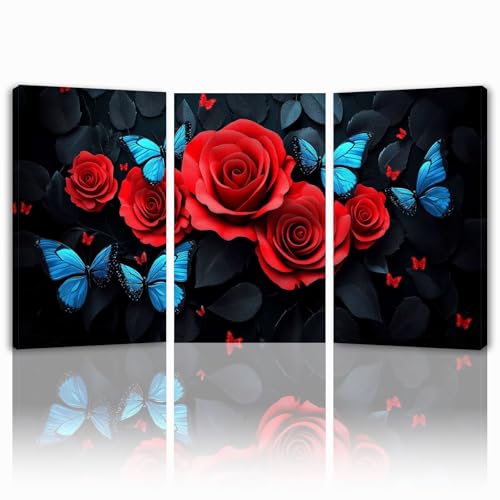 Cuadros Decoracion Salon Modernos, 3 Pcs Marco de Madera Cuadros Rosas Posters para Pared Lienzo Pintura Mariposa Wall Art Imagen Decoracion Dormitorios Cocina Baño Pasillo Pared 25x35 cm 1f-632