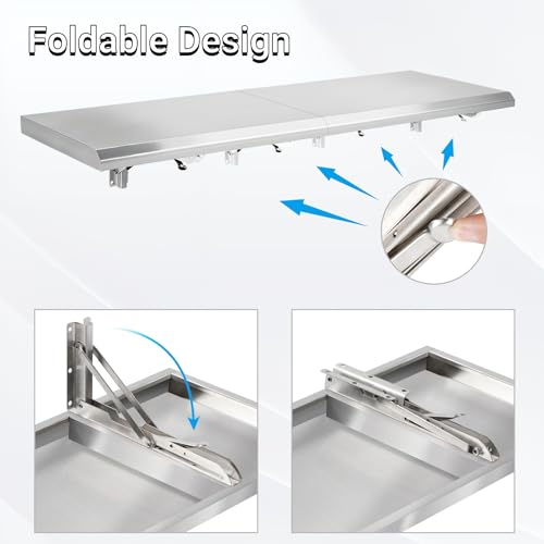 Image of Folding Concession Stand Shelf 18 inch x 48 inch Spliced Style for Kitchen | Stainless Steel Drop Down Serving Food Shelf, Easy to Clean & Space-Saving Concession Shelves for Garage, Food Cart