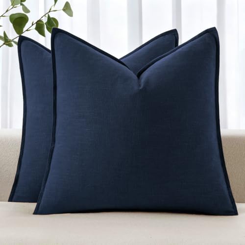 Image of MIULEE Decorative Linen Pillow Covers 22x22 Inch Navy Blue Boho Farmhouse Neutral Couch Throw Pillows for Bed Pack of 2 Accent Modern Pillowcase Sofa Livingroom Home Decor