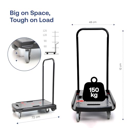 Image of Bonkaso 150 Kg Capacity Foldable Platform Trolley | Portable Polypropylene Cart with 3-Inch Wheels | Compact Storage, Ideal for Office, Warehouse & Home Use (59x39x77 cm) Black